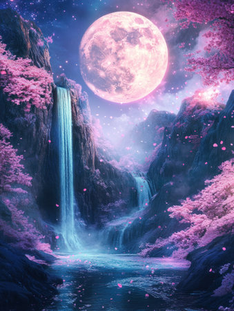 A beautiful fantasy world with pink cherry blossoms floating in the sky, there is an ancient waterfall flowing down from between two mountains and into a river below. A large moon is shining on top of it, with glowing stars in a cosmic background, in a bright and colorful nightcore style with hyper-realistic water. --ar 3:4 --v 6.1 Job ID: e75a0f16-682f-4675-bb84-775fad9e1f42の素材