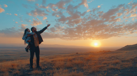 A father with his daughter on his shoulders, watching the sunset at the mountain top, a happy family concept. The girl child is enjoying and smiling while sitting in her dad's arms against the beautiful, colorful sky. The man is holding a young child or baby as he stands with his back to the camera and looks up into the distance. The girl is reaching out her hand towards the sun's rays. The father is carrying the children on his back. --chaos 30 --ar 16:9 --v 6.1 Job ID: 80eaf872-2a6c-441a-b1ca-52af81c31625の素材