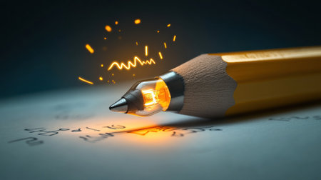 A pencil with an illuminated bulb at the end, writing on paper, representing ideas and creativity. The background is dark blue, creating contrast against light gray tones. A glowing line of yellow lights rises from under the pencil's bulb, symbolizing innovation or inspiration. This scene could represent education or creative work in art and design. --chaos 30 --ar 16:9 --v 6.1 Job ID: 5e1dd7f0-cccb-4911-b691-82485d831bb5の素材