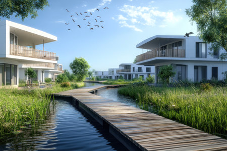A modern apartment complex near the river, with white and grey colors, a photorealistic rendering. Green grass on both sides of the canal, with wooden boardwalks along its edge. The buildings have large balconies, and trees in front. Birds are flying overhead, against a blue sky. This is an architectural concept art. --ar 3:2 --v 6.1 Job ID: 8293e22f-5cd7-4d73-870f-369eeaae8dbeの素材
