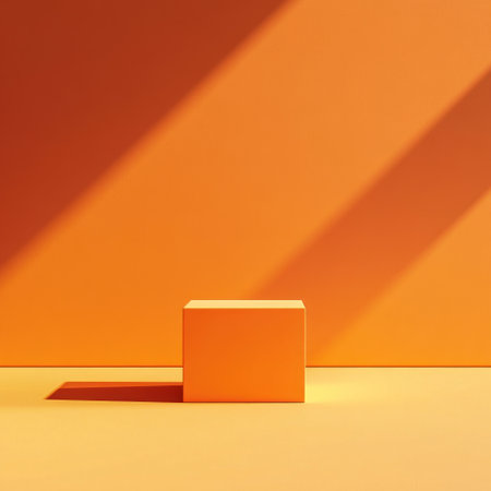 A minimalistic orange background with an empty cube for product display, bathed in warm sunlight that creates soft shadows and highlights the orange color of the wall. The composition is simple yet elegant, providing space to add text or branding elements as needed. This scene presents a clean and professional presentation design. --v 6.1 Job ID: 6a671991-aa06-4f4e-9a2b-1ca04f55fe48の素材