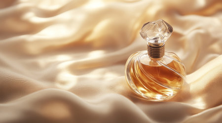 A luxurious perfume bottle with an elegant, swirling glass cap and golden liquid inside sits on top of soft beige fabric. The background is blurred to focus attention on the exquisite bottle design. Soft lighting creates gentle shadows around it, highlighting its intricate details. This high-quality product photo showcases luxury in every detail. --ar 128:71 --v 6.1 Job ID: d2d4fc88-63b6-4941-a91b-90a118e663ddの素材