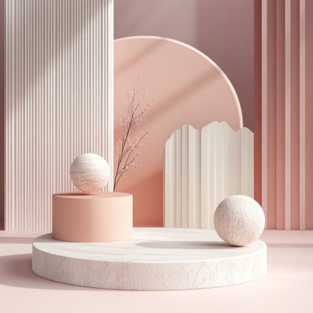 A modern and minimalistic product display scene with geometric shapes, podiums in different colors and textures for products to be displayed on, featuring abstract spheres and circular patterns. The background is in muted pink or peach tones, creating an elegant atmosphere suitable for showcasing beauty products. This design creates clean lines of movement that highlight the sleekness and simplicity of each element, making it ideal for packaging and branding visuals. --v 6.1 Job ID: 330d22b5-d584-4c7e-a916-3c219d765f8cの素材