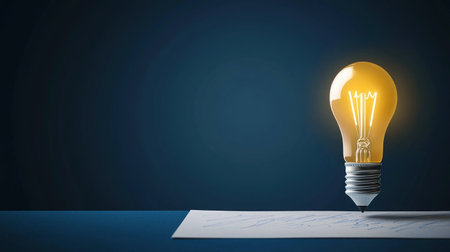 A pencil with an illuminated bulb at the end, writing on paper and symbolizing creativity and innovation in business planning. The background is dark blue to accentuate the light effects. A glowing line of yellow color connects the tip to the body, illuminating the scene. This concept conveys smart thinking or innovative ideas for company development, digital marketing campaign designs, and creative design concepts. High-resolution, high-quality. --chaos 30 --ar 16:9 --v 6.1 Job ID: d77ccf49-2227-4987-bac7-1e30e51cac00の素材
