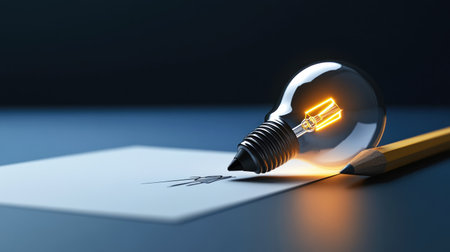 A pencil with an illuminated bulb at the end, writing on paper, representing ideas and creativity. The background is dark blue, creating contrast against light gray tones. A glowing line of yellow lights rises from under the pencil's bulb, symbolizing innovation or inspiration. This scene could represent education or creative work in art and design. --chaos 30 --ar 16:9 --v 6.1 Job ID: 5e1dd7f0-cccb-4911-b691-82485d831bb5の素材