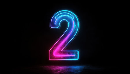 A neon number "2" on a black background, with a holographic, glowing outline of the number two in a blue and pink glow effect. The design is simple and minimalistic, captured in high-resolution photography. --ar 53:30 --v 6.1 Job ID: af06fc12-225b-485f-8bcd-16a8f79e6715の素材