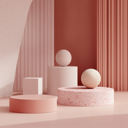 A modern and minimalistic product display scene with geometric shapes, podiums in different colors and textures for products to be displayed on, featuring abstract spheres and circular patterns. The background is in muted pink or peach tones, creating an elegant atmosphere suitable for showcasing beauty products. This design creates clean lines of movement that highlight the sleekness and simplicity of each element, making it ideal for packaging and branding visuals. --v 6.1 Job ID: 330d22b5-d584-4c7e-a916-3c219d765f8cの素材