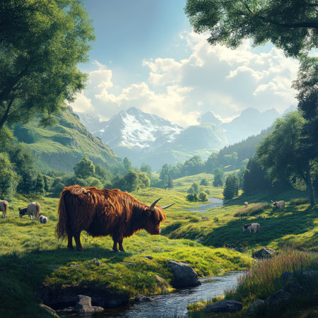 A highland cow grazing in the Scottish woods, with green meadows and mountains in the background, digital art style, concept art in the style of Pixar studio, Octane render, bright sunny day, some other animals around, small river flowing nearby, detailed grassy field, realistic. --v 6.1 Job ID: 3979261a-9be0-4f21-8009-21b486b4d994の素材