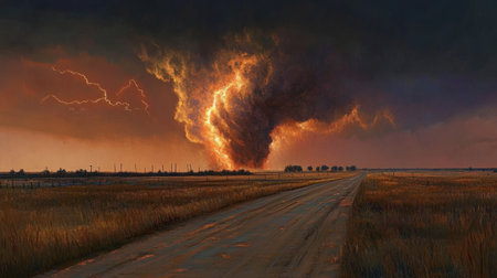 A massive tornado with dark clouds and lightning in the sky over an empty road, symbolizing natural forces such as tornadoes or extreme weather events. --chaos 30 --ar 16:9 --v 6.1 Job ID: 8e7c929a-ce73-43f1-8d32-4d71927a3afeの素材