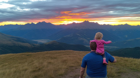 A father with his daughter on his shoulders, watching the sunset at the mountain top, a happy family concept. The girl child is enjoying and smiling while sitting in her dad's arms against the beautiful, colorful sky. The man is holding a young child or baby as he stands with his back to the camera and looks up into the distance. The girl is reaching out her hand towards the sun's rays. The father is carrying the children on his back. --chaos 30 --ar 16:9 --v 6.1 Job ID: 80eaf872-2a6c-441a-b1ca-52af81c31625の素材