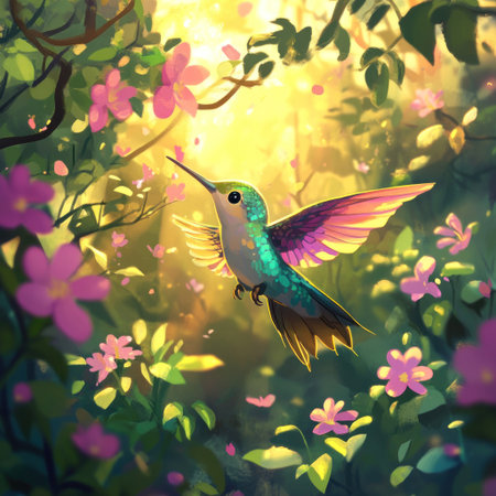 A beautiful hummingbird with iridescent feathers, hovering near vibrant flowers in the sunlit forest. In the style of Disney Pixar, cute cartoon character design, a cute and adorable bird illustration, game concept design, mobile game art style. --v 6.1 Job ID: 9290e4f8-45f3-4ca1-b589-7fd41581302dの素材