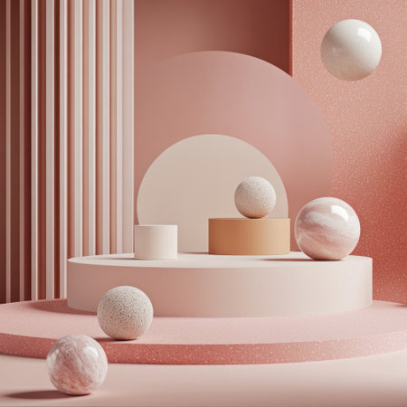 A modern and minimalistic product display scene with geometric shapes, podiums in different colors and textures for products to be displayed on, featuring abstract spheres and circular patterns. The background is in muted pink or peach tones, creating an elegant atmosphere suitable for showcasing beauty products. This design creates clean lines of movement that highlight the sleekness and simplicity of each element, making it ideal for packaging and branding visuals. --v 6.1 Job ID: 330d22b5-d584-4c7e-a916-3c219d765f8cの素材