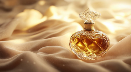 A luxurious perfume bottle with an elegant, swirling glass cap and golden liquid inside sits on top of soft beige fabric. The background is blurred to focus attention on the exquisite bottle design. Soft lighting creates gentle shadows around it, highlighting its intricate details. This high-quality product photo showcases luxury in every detail. --ar 128:71 --v 6.1 Job ID: d2d4fc88-63b6-4941-a91b-90a118e663ddの素材