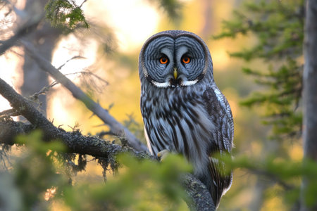 A photo of an owl sitting on a branch in a Finnish forest, with orange eyes and grey feathers. --ar 3:2 --v 6.1 Job ID: 17365d3c-b03f-4ddd-b4de-1d0b658be6e8の素材