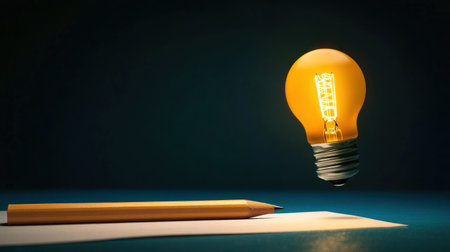 A pencil with an illuminated bulb at the end, writing on paper and symbolizing creativity and innovation in business planning. The background is dark blue to accentuate the light effects. A glowing line of yellow color connects the tip to the body, illuminating the scene. This concept conveys smart thinking or innovative ideas for company development, digital marketing campaign designs, and creative design concepts. High-resolution, high-quality. --chaos 30 --ar 16:9 --v 6.1 Job ID: d77ccf49-2227-4987-bac7-1e30e51cac00の素材