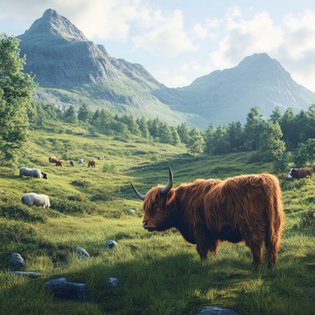 A highland cow grazing in the Scottish countryside, surrounded by lush greenery and majestic mountains, with other animals like cows or sheep in the background. The scene is bathed in soft sunlight, creating a serene atmosphere. Rendered in a realistic style in the style of Unreal Engine for detailed textures on its fur and horns. --v 6.1 Job ID: 636f5e77-ba50-48f2-926f-9087c8ecfebbの素材
