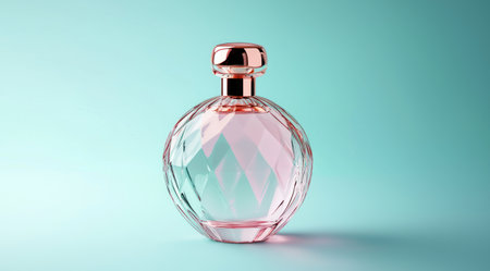 A mockup of an oval-shaped glass perfume bottle with a rose gold cap, on a light blue background, minimalistic, modern, high resolution, hyper-realistic, and super detailed. --ar 128:71 --v 6.1 Job ID: 01ee9385-2968-404a-be46-c36c5eb95a4aの素材