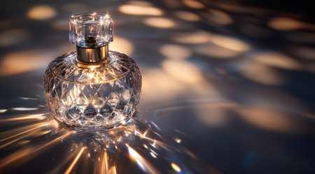 A luxurious glass perfume bottle with radiant light beams emanating from it, casting shadows on the surrounding surface. The scene is set against an isolated background, emphasizing the product's intricate design and exquisite craftsmanship. High-resolution photography in the style of soft lighting to highlight its opulence. --ar 128:71 --v 6.1 Job ID: 1559884a-c71f-45af-90e7-09e5bf5f6dccの素材