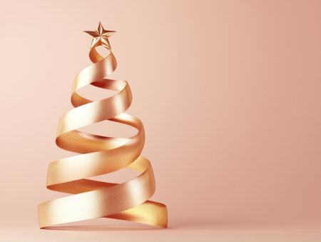 A minimalistic, simple, and elegant golden ribbon in the shape of a Christmas tree on a pastel peach background, with soft shadows and a clean, sharp focus, in the style of hyperrealism. --ar 4:3 --v 6.1 Job ID: 3ad32527-6503-445d-a23e-b2a824a178c3の素材
