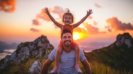 A father with his daughter on his shoulders at sunset, enjoying the view of nature and the sky from atop a mountain peak. The girl is reaching out to touch the sun as it sets behind them. A colorful sky with hues of orange and pink bathes everything in an ethereal glow. --chaos 30 --ar 16:9 --v 6.1 Job ID: ea2cd7d1-f2bd-4484-a327-1d9da9ae8baaの素材
