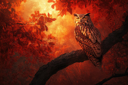 A majestic owl perched on an ancient tree branch, bathed in the soft glow of moonlight. This fantasy digital art piece features a dark red and orange color scheme, with glowing light effects and highly detailed foliage. The full-body portrait of the owl is set against a colorful, mystical background, creating a sense of awe and wonder. The high-resolution image captures the scene in stunning detail. --ar 3:2 --v 6.1 Job ID: 527f402a-5c97-4e05-9d88-fc27ec70555bの素材