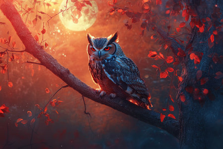 A majestic owl perched on an ancient tree branch, bathed in the soft glow of moonlight. This fantasy digital art piece features a dark red and orange color scheme, with glowing light effects and highly detailed foliage. The full-body portrait of the owl is set against a colorful, mystical background, creating a sense of awe and wonder. The high-resolution image captures the scene in stunning detail. --ar 3:2 --v 6.1 Job ID: 527f402a-5c97-4e05-9d88-fc27ec70555bの素材