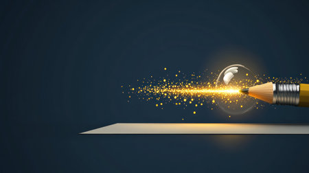A pencil with an illuminated bulb at the end, writing on paper, representing ideas and creativity. The background is dark blue, creating contrast against light gray tones. A glowing line of yellow lights rises from under the pencil's bulb, symbolizing innovation or inspiration. This scene could represent education or creative work in art and design. --chaos 30 --ar 16:9 --v 6.1 Job ID: 5e1dd7f0-cccb-4911-b691-82485d831bb5の素材
