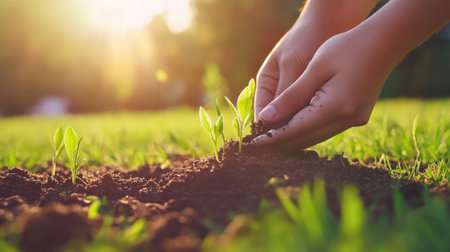 Hand planting seeds in soil with young plants growing on a green background, a concept of eco and healthy food production. Close-up view of a hand taking a seedling from the ground, with sunlight shining through the branches. Copy space available. High quality, high resolution, sharp focus, with a blurred background. --chaos 30 --ar 16:9 --v 6.1 Job ID: f1439277-c598-4d11-9370-76730a64d305の素材