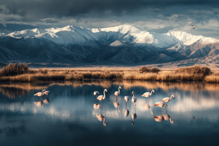 A photograph of the Atacama Desert in Chile, reflecting on still water with flamingos and snow-capped mountains in the background. The scene is captured from an elevated perspective, highlighting the vastness of these landscapes. --ar 3:2 --v 6.1 Job ID: da95c208-e9fd-46d3-b0d7-0749720b7748の素材