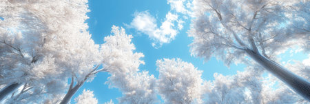 A photograph of snow-covered trees against a blue sky, taken from a low angle with high detail and resolution, in the style of digital photography. --ar 3:1 --v 6.1 Job ID: ea915a01-e6e6-4eb7-b9ad-92e308a98a60の素材