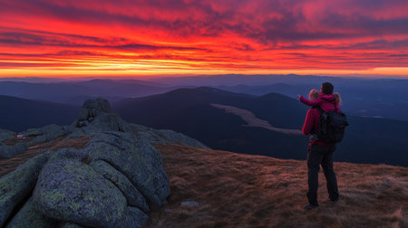 A father with his daughter on his shoulders, watching the sunset at the mountain top, a happy family concept. The girl child is enjoying and smiling while sitting in her dad's arms against the beautiful, colorful sky. The man is holding a young child or baby as he stands with his back to the camera and looks up into the distance. The girl is reaching out her hand towards the sun's rays. The father is carrying the children on his back. --chaos 30 --ar 16:9 --v 6.1 Job ID: 80eaf872-2a6c-441a-b1ca-52af81c31625の素材