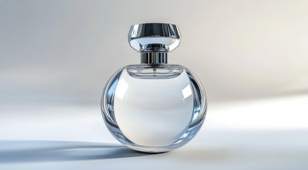A photorealistic 3D rendering of an elegant glass perfume bottle with a chrome cap, centered on a white background, high resolution, studio lighting, for advertising, product photography, commercial video production. The design is clean and simple, modern and sleek, with high detail and no shadows or reflections. The bottle is isolated on the edges, floating in the air. --ar 128:71 --v 6.1 Job ID: 4ecff730-2854-4dd3-94b2-4e0393100ee8の素材