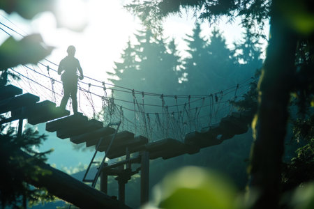 A person on an adventure park course, navigating through high suspended elements like zmt lines and planks with forest trees in the background. The focus is sharp to capture their determination as they fearlessly cross from one platform to another, creating a sense of excitement and intensity. Sunlight filters down through leaves, adding depth to the scene. Shot by Nikon D850 DSLR camera with 24-70mm lens at f/3 aperture setting ISO for a vivid, detailed photo --ar 3:2 --v 6.1 Job ID: f37be78c-5d37-47f1-bb63-457c795b02b9の素材