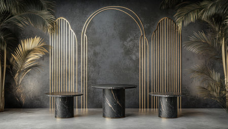A minimalistic scene with three black marble pedestal tables in front of an art deco-style backdrop wall, decorated with gold metal lines and palm leaves. The background is dark grey. There are no text or products displayed on the tables. It has an elegant feel to it. --ar 53:30 --v 6.1 Job ID: 0897a2ad-6f99-4959-afa1-99a71d4d82d5の素材