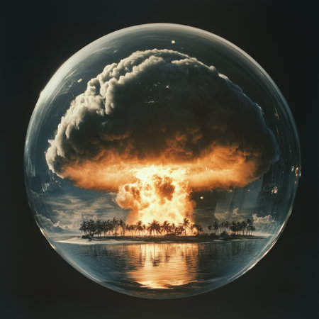 A nuclear explosion seen from inside a glass sphere, a mushroom cloud of smoke and fire with an island in front of it, captured by a camera. The image is hyper-realistic, cinematic, and appears to have been taken with a 35mm lens at f/2.8 in an ultra-wide shot. The composition follows the rule of thirds, with a dark sky and a reflection on the glass sphere. Palm trees are visible in the foreground. --v 6.1 Job ID: a5bcc835-aa83-4686-bcfc-e65e702f0275の素材