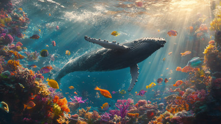 A humpback whale swimming through an underwater coral reef, surrounded by colorful fish and sea plants. The scene is bathed in the soft glow of sunlight filtering down from above. Photorealistic style with attention to detail on textures like corals and marine life. --chaos 30 --ar 16:9 --v 6.1 Job ID: 65d8c0c0-4ab4-45e6-9d12-f9b25fdc9895の素材