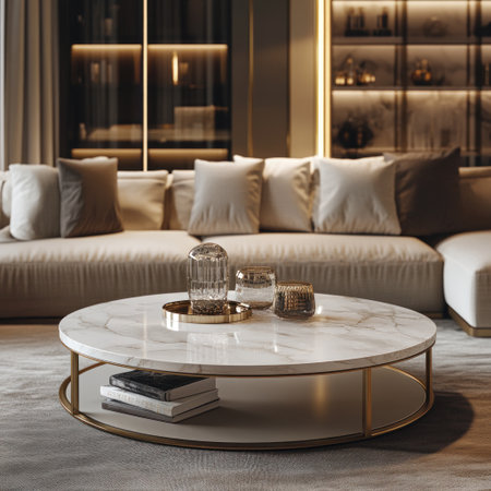 A luxurious round coffee table with a white marble top and a golden metal frame, centered in the living room of an elegant home interior. The background features plush sofas, a modern bookcase, and soft lighting that highlights its clean lines and exquisite craftsmanship. Rendered using the C4D OC renderer with cinematic lighting. --v 6.1 Job ID: 44d58a6d-0c39-4129-bc97-95c4c0ef9d86の素材