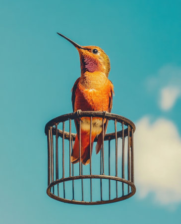 A photo of a hummingbird, perched on the edge of its cage with its head tilted to one side as if it is listening intently. The bird has vibrant orange and red feathers that contrast beautifully against the blue sky in the background. This shot captures it from close-up, highlighting intricate details like the texture of its wings and beak. --ar 13:16 --v 6.1 Job ID: 9643dee7-ca79-4deb-bec7-03e4422eaf54の素材