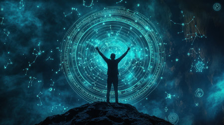 A person standing on top of the hill with their arms raised in joy, surrounded by stars and celestial bodies forming an intricate circle containing all zodiac signs, creating a mesmerizing backdrop for endless exploration. The focus is on the face. --chaos 30 --ar 16:9 --v 6.1 Job ID: fb27c8bf-aafc-4e2e-ac83-bc19c3d18bd0の素材