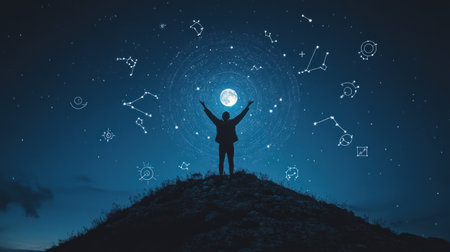 A person standing on top of a hill with their arms raised, surrounded by zodiac symbols floating in space. The sky is filled with stars, and there is an illuminated moon at the center. A blue circle behind them contains various astrological signs. High resolution. --chaos 30 --ar 16:9 --v 6.1 Job ID: e5659759-0939-41b5-ae27-179abd72d400の素材