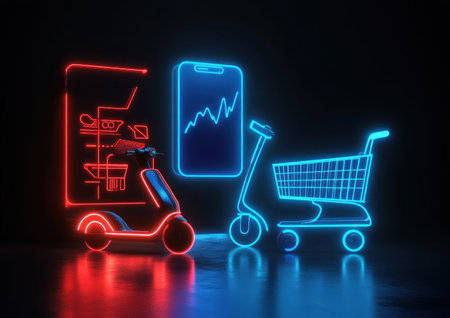 A neon-lit e-scooter and shopping cart on a black background, with blue and red lights glowing in the dark. A graph is placed above them. There's an outline of a mobile phone next to the scooter. The scene conveys a sense of modern technology and online grocery advertising, with dynamic lighting creating depth between the objects. It has high resolution. --ar 7:5 --v 6.1 Job ID: 7c4d6c80-7fe0-4711-89c3-71265ceae623の素材