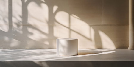 A minimalist podium for product display, bathed in soft sunlight and casting intricate shadows on the beige wall behind it. The scene is captured with a macro lens using Kodak Portra film to emphasize texture and detail. --ar 2:1 --v 6.1 Job ID: 2559f3d9-97a6-4db0-85ab-cbdc11e54cc6の素材