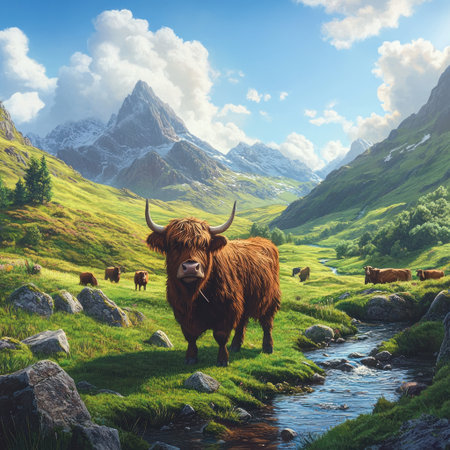 A Highland cow grazing in the Scottish Highlands, surrounded by lush greenery and majestic mountains. In the style of Pixar, with detailed textures of fur and horns, the scene captures an idyllic countryside setting. A small stream flows nearby as other animals, including cows, can be seen in the background. The sky is a clear blue with fluffy white clouds, adding to the serene atmosphere. --v 6.1 Job ID: 205705b9-65c8-435a-9076-93670df22cd6の素材