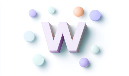 A minimalist design featuring the letter "W" in an isometric perspective, surrounded by pastel-colored shapes like circles and squares on a white background. The simplicity of the composition emphasizes the elegance of clean lines and a subtle color palette, creating a visually appealing representation suitable for various applications or digital media. --ar 5:3 --v 6.1 Job ID: 89868f64-f3ae-4993-b494-d69300a70c29の素材