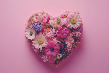 A pink heart-shaped card with various flowers on it, against a pink background, in a flat lay composition, captured with a wide-angle lens. --ar 3:2 --v 6.1 Job ID: 4b835009-d998-41d9-84d0-f7537abab00eの素材