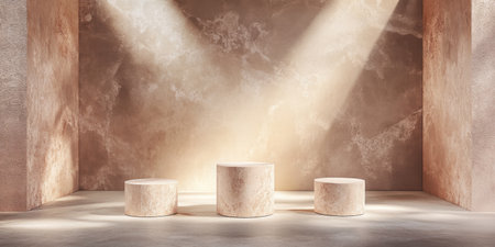A minimalist background with three pedestals in shades of beige, arranged to create an empty space for product display. The shadows cast by the stage create intricate patterns on the wall behind it, adding depth and texture. Soft lighting highlights each marble surface, creating a serene atmosphere that's perfect as an e-commerce platform or branding presentation backdrop. --ar 2:1 --v 6.1 Job ID: 9e58458e-b96b-46b8-97de-94a41aeb5109の素材