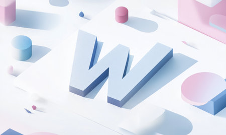 A minimalist design featuring the letter "W" in an isometric perspective, surrounded by pastel-colored shapes like circles and squares on a white background. The simplicity of the composition emphasizes the elegance of clean lines and a subtle color palette, creating a visually appealing representation suitable for various applications or digital media. --ar 5:3 --v 6.1 Job ID: 89868f64-f3ae-4993-b494-d69300a70c29の素材