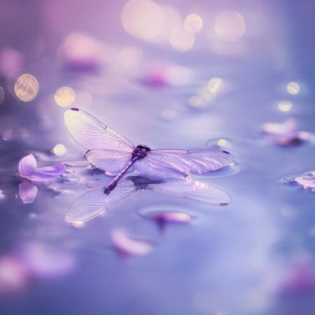 A delicate dragonfly wing, delicately perched on the surface of still water at twilight, its wings reflecting in soft purple hues, surrounded by scattered petals and tiny bubbles. The scene is captured with a Canon EOS-5D Mark III camera using a macro lens, creating a dreamy atmosphere. Soft lighting creates gentle shadows, adding to the ethereal feel of the moment. This image captures nature's beauty in all its subtle elegance. --v 6.1 Job ID: b87019b6-da21-4aca-90d4-eb719a94a27dの素材