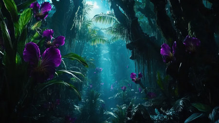 A magical forest with vibrant purple flowers, rays of light shining through the lush trees, in a fantastical, cinematic style, created using unreal engine technology. --chaos 30 --ar 16:9 --v 6.1 Job ID: ba22cc17-74e1-45e4-a9ba-4f004fe8bdafの素材