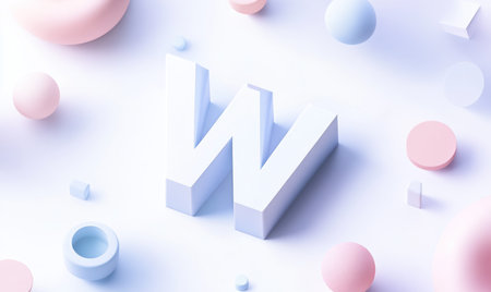 A minimalist design featuring the letter "W" in an isometric perspective, surrounded by pastel-colored shapes like circles and squares on a white background. The simplicity of the composition emphasizes the elegance of clean lines and a subtle color palette, creating a visually appealing representation suitable for various applications or digital media. --ar 5:3 --v 6.1 Job ID: 89868f64-f3ae-4993-b494-d69300a70c29の素材